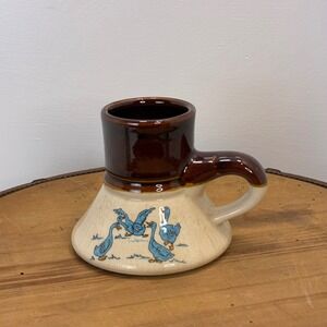 Vintage Ceramic Mug with Blue Geese Design Brown Top Handle